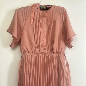 Polagram Pink Modest Pleated Button Down Short Sleeve Dress